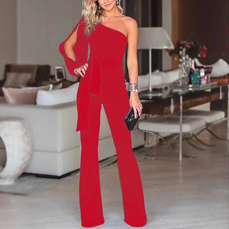 Waist Women Tied Flared Jumpsuits Fashion One Shoulder Sexy Rompers Jumpsuits