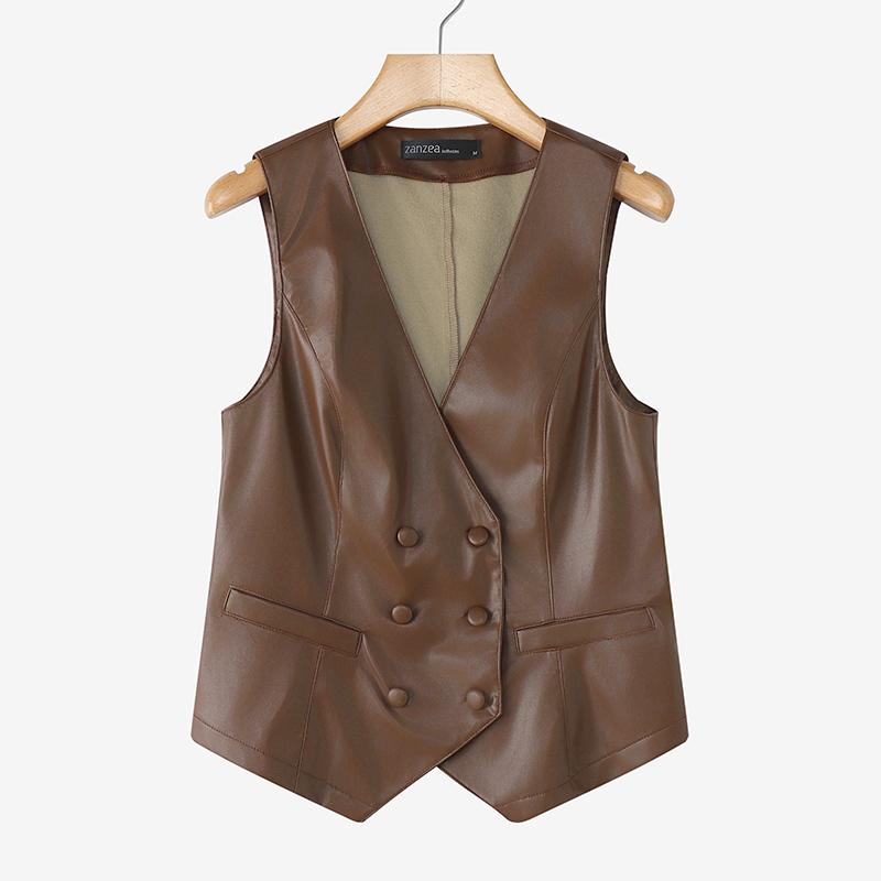 ZANZEA Damski casualowy kardigan bez rękawów z dekoltem w serek ze sztucznej skóry PU