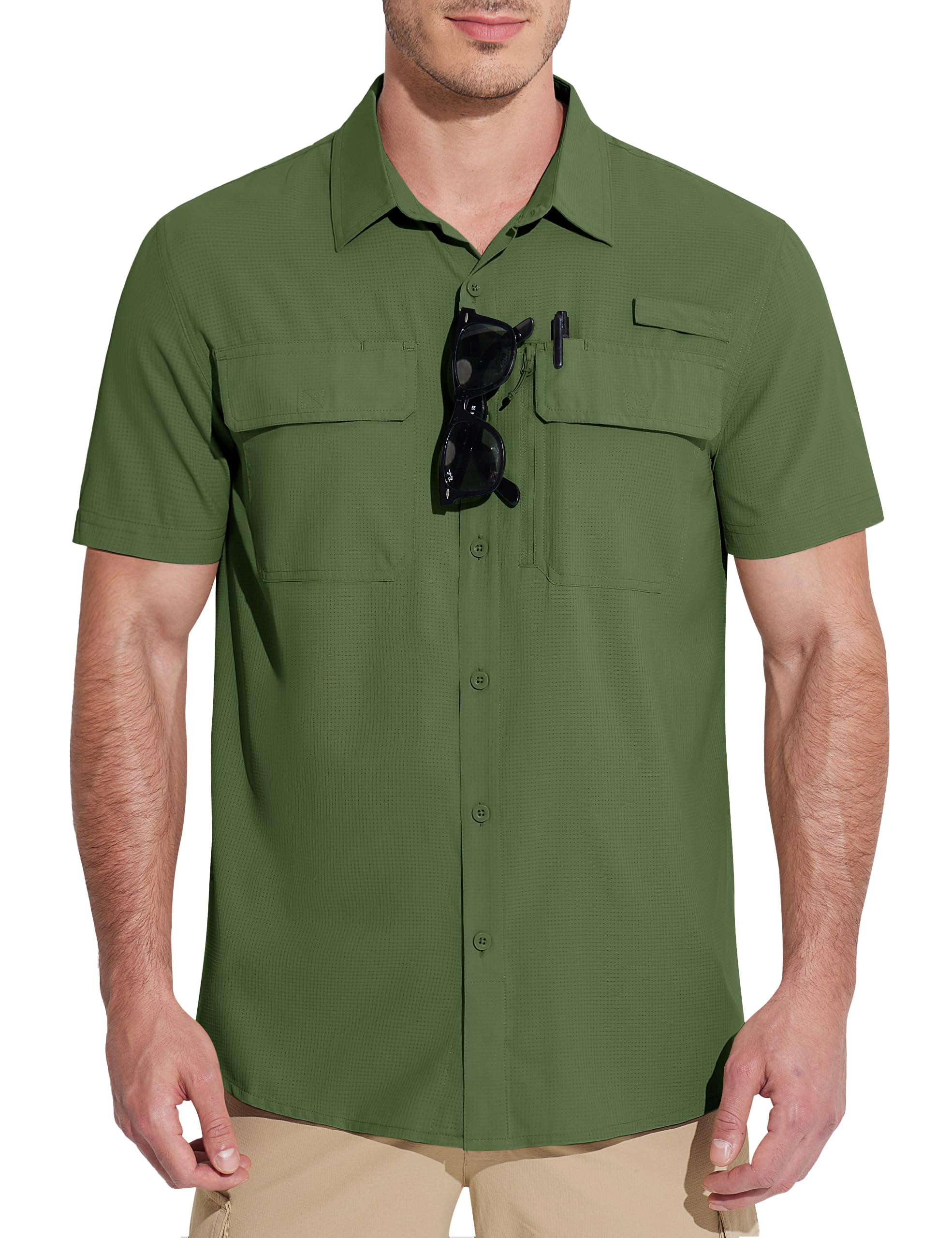 

TACVASEN Military Summer Short OD XL Men s Shirt, Workwear, Sleeve, Breathable, Quick-Drying, UPF50+, Pocket, Water-Repellent, Wrinkle-Resistant,