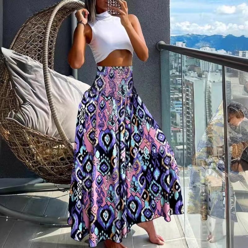 Mode Hohe Taille Drucken A Linie Lose Rock Frauen Sommer Urlaub Strand Elegante Vintage Röcke Frauen Casual Plus Größe Dame Rock 24354