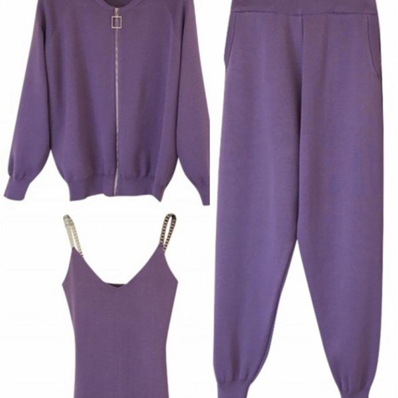 IHUASU Set de trei piese pentru femei, jachetă tricotată + pantaloni elastici cu picior mic