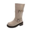 Autumn New Mid-Tube Boots Fashion Round Toe Sleeve Metal Buckle Platform Non-Slip Block Heel Single Shoes