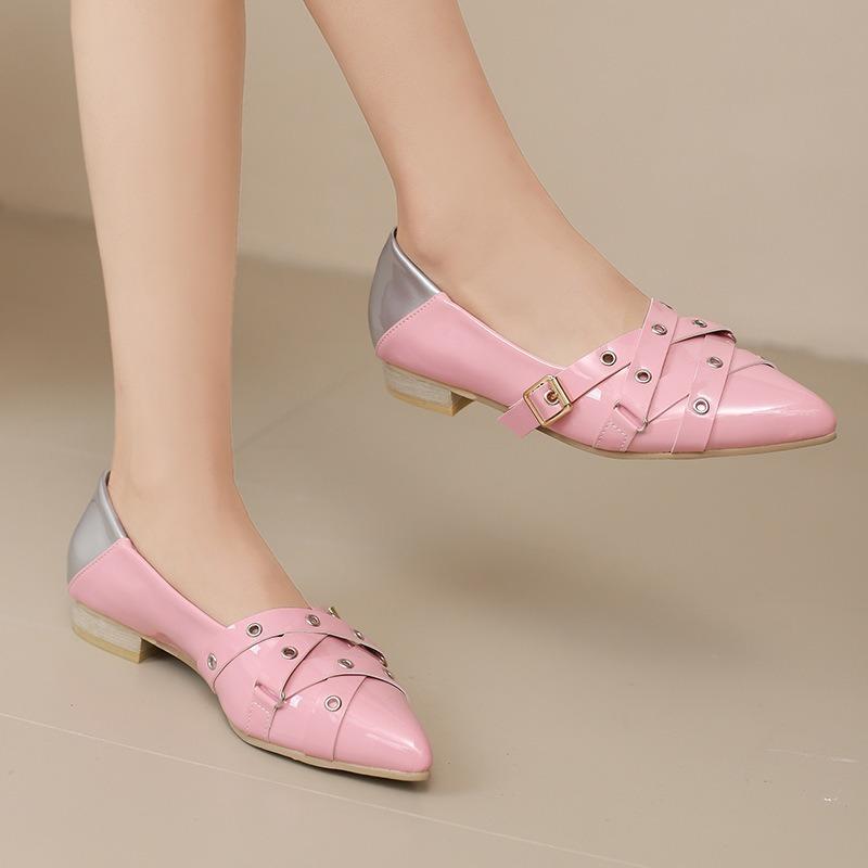 Spring Pointed Women's Shoes Flat-soled Single Shoes Rivet Belt Buckle Commuting Versatile Temperament Women's Single Shoes Comfortable College Style