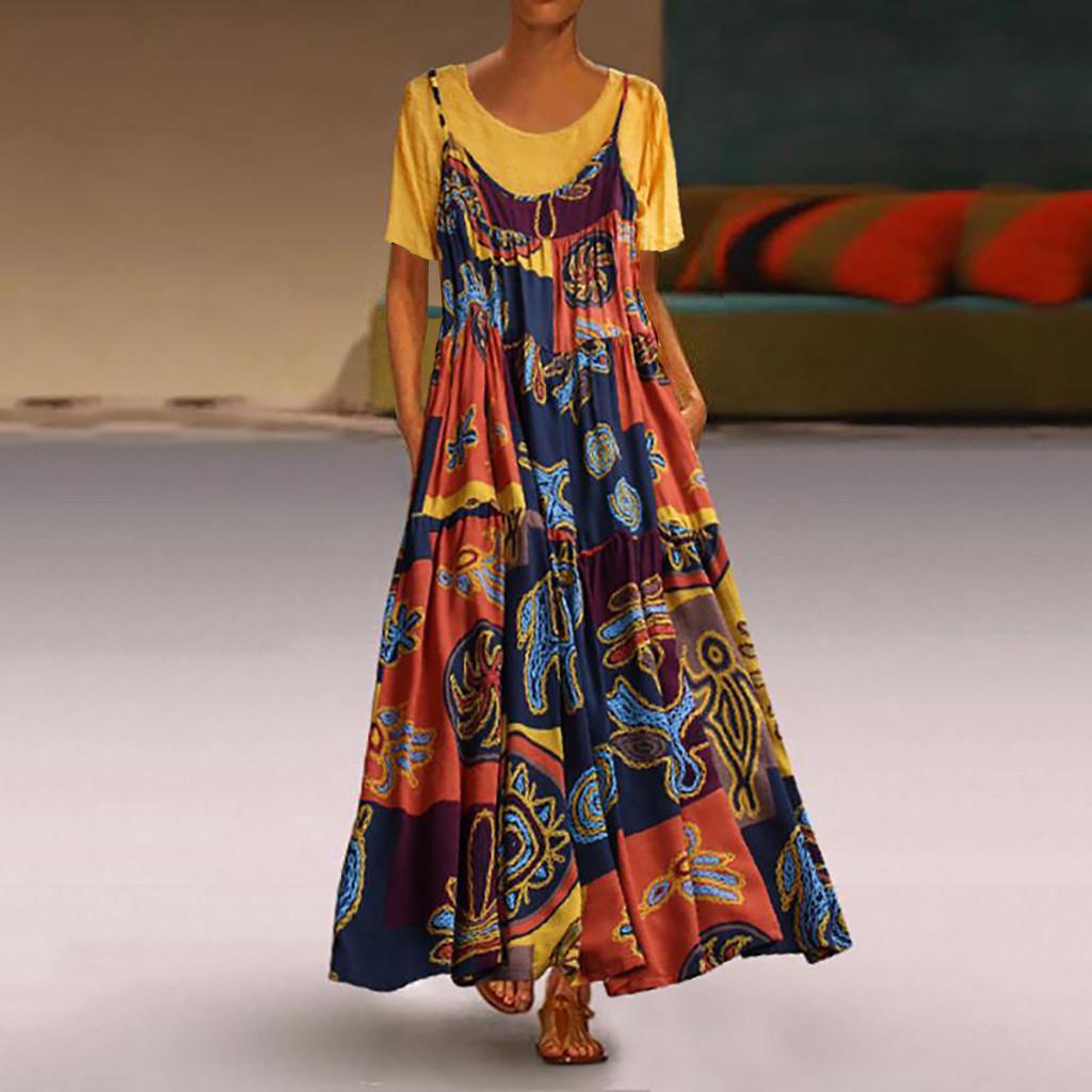 Women Linen Maxi Patchwork Two-Piece Dress Summer Long Sleeve O-Neck Floral Print Vintage Loose Casual Maxi Dress