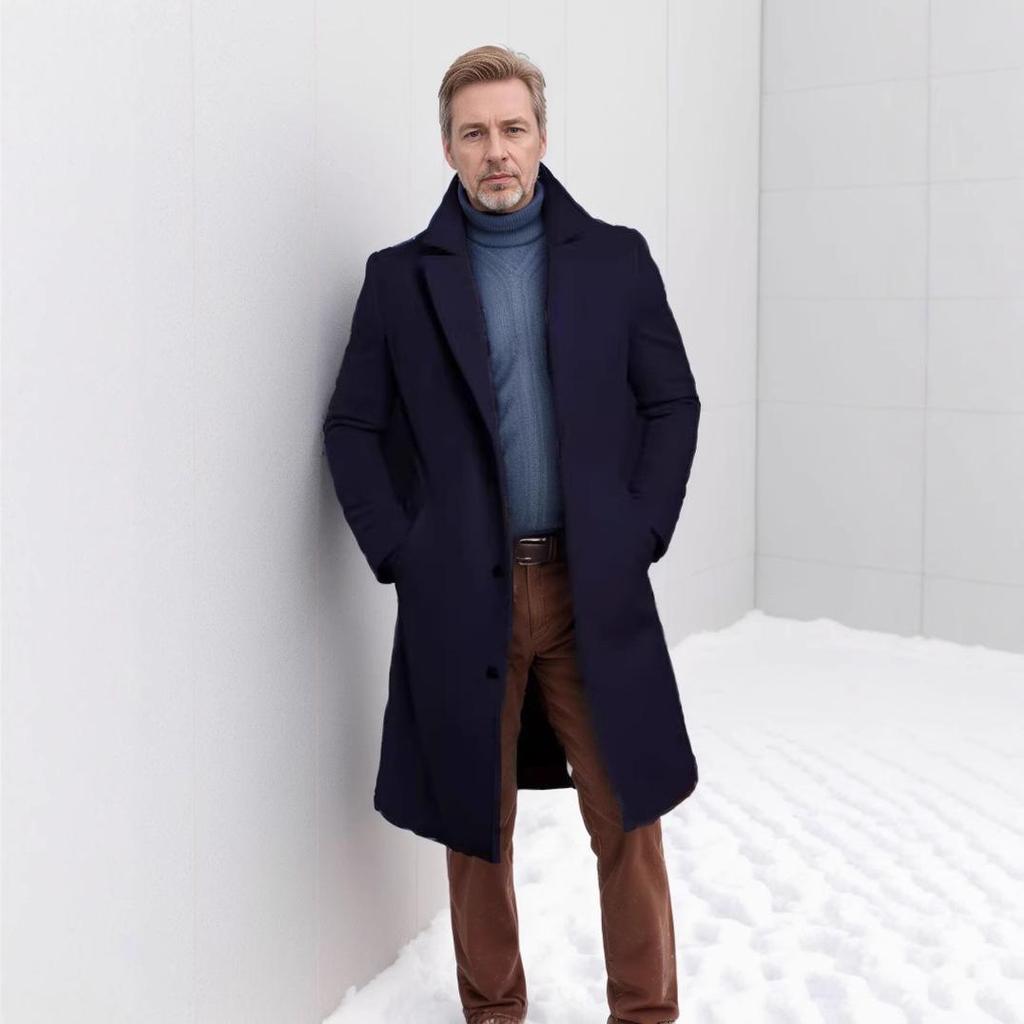 2025 European Men's Woolen Mid-Length Single-Breasted Fashion Overcoat