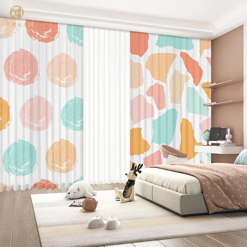 Bedroom Curtain Cartoon Green Simple Creative Flower Art Girl Children's Room Study Bay Window Curtain High Shading 2 Pcs New