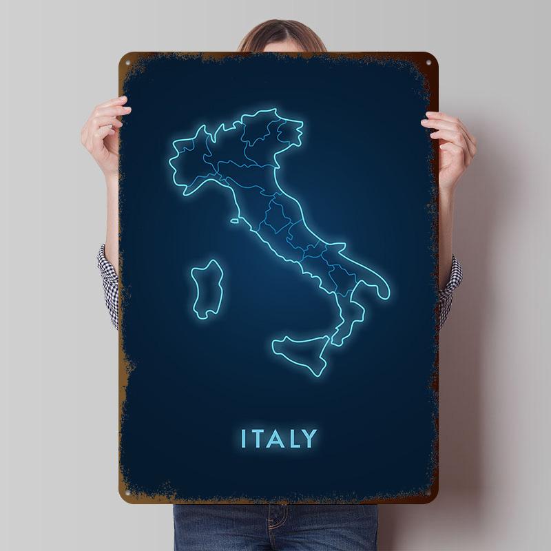 Neon Italy Map Tinplate Poster Customized Wall Art Vintage Metal Signs Retro Tin Plaque for Gamer Room Decoration At Home Decor