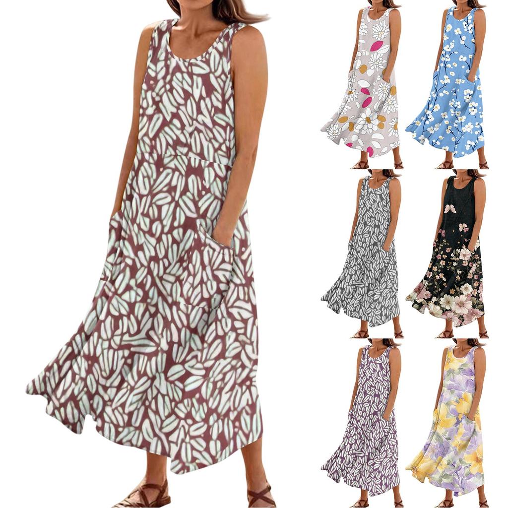 Dámské letní ležérní módní šaty bez rukávů s květinovým potiskem a kapsou