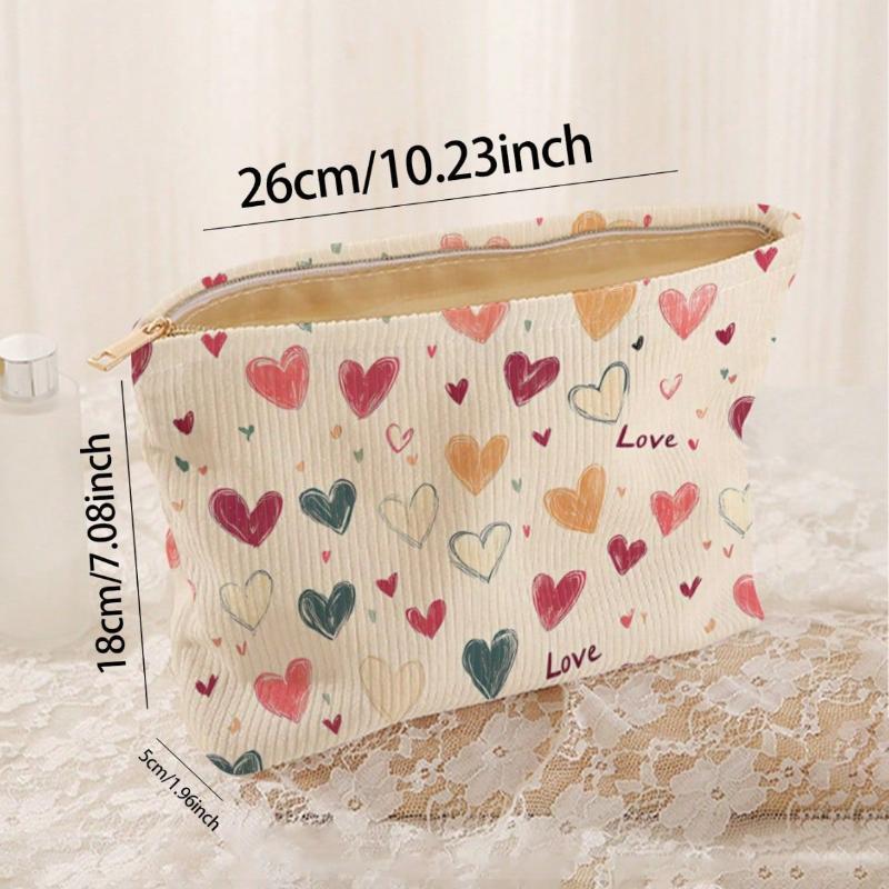 Women's Practical Corduroy Cosmetic Bag Hand Painted Letter Color Heart Print Zipper Pouch for Bridesmaid Gift