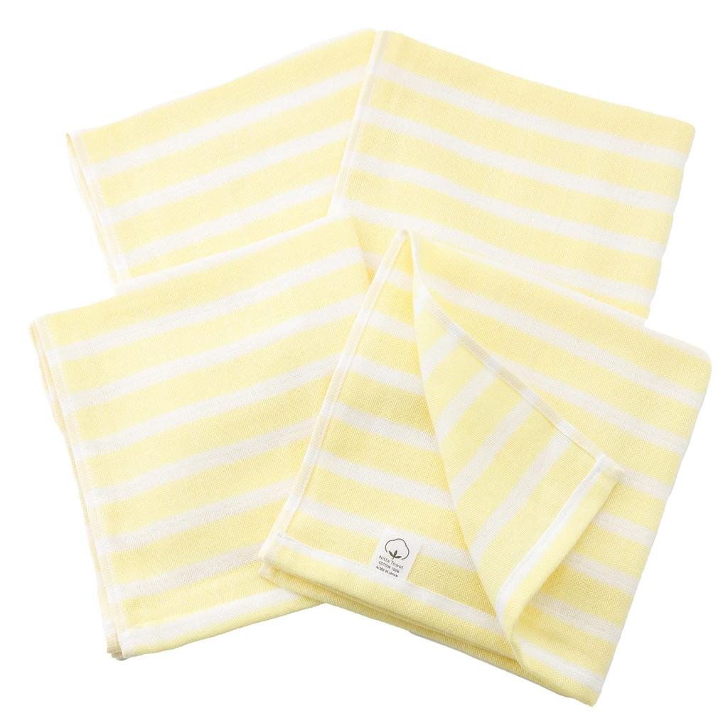 Mukotowel Gauze Border Hand Senshu Made In Set of Light Yellow Double-Ply Towels, Towels, Thin, Japan, Quick-Drying, 4,