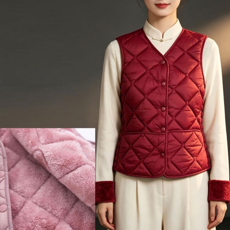 Women V Neck Fleece Lined Casual Vest Solid Color With Pockets