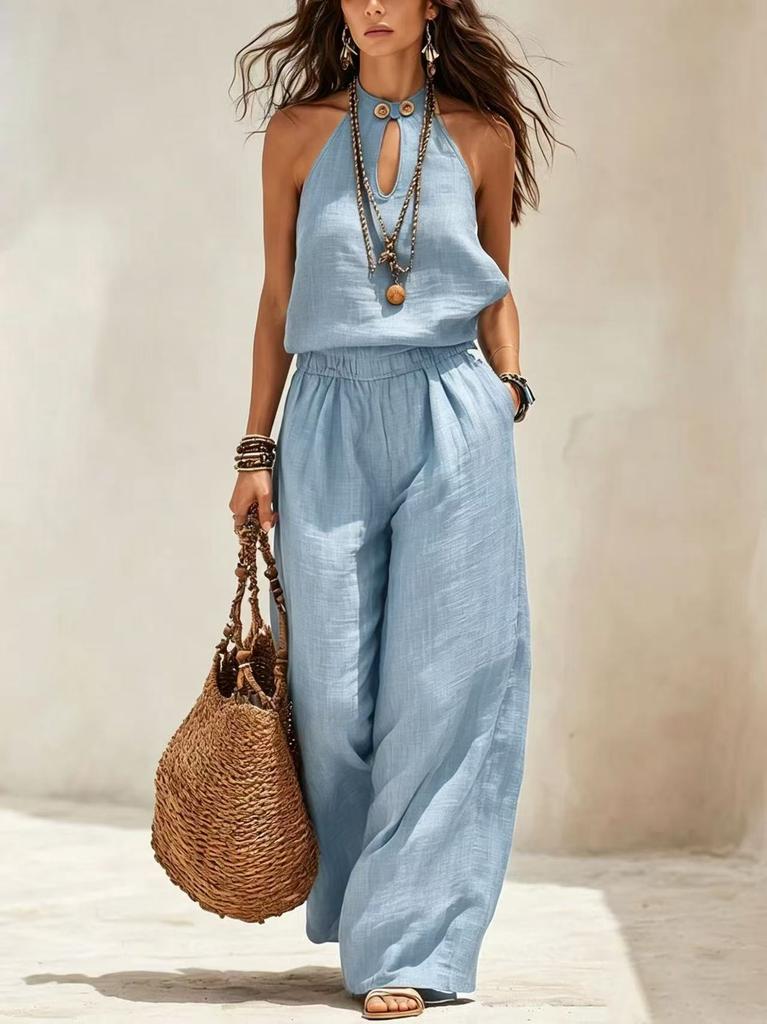 New summer European and American cross-border independent station Amazon women's wide-leg fashion cotton and linen sleeveless neck jumpsuit