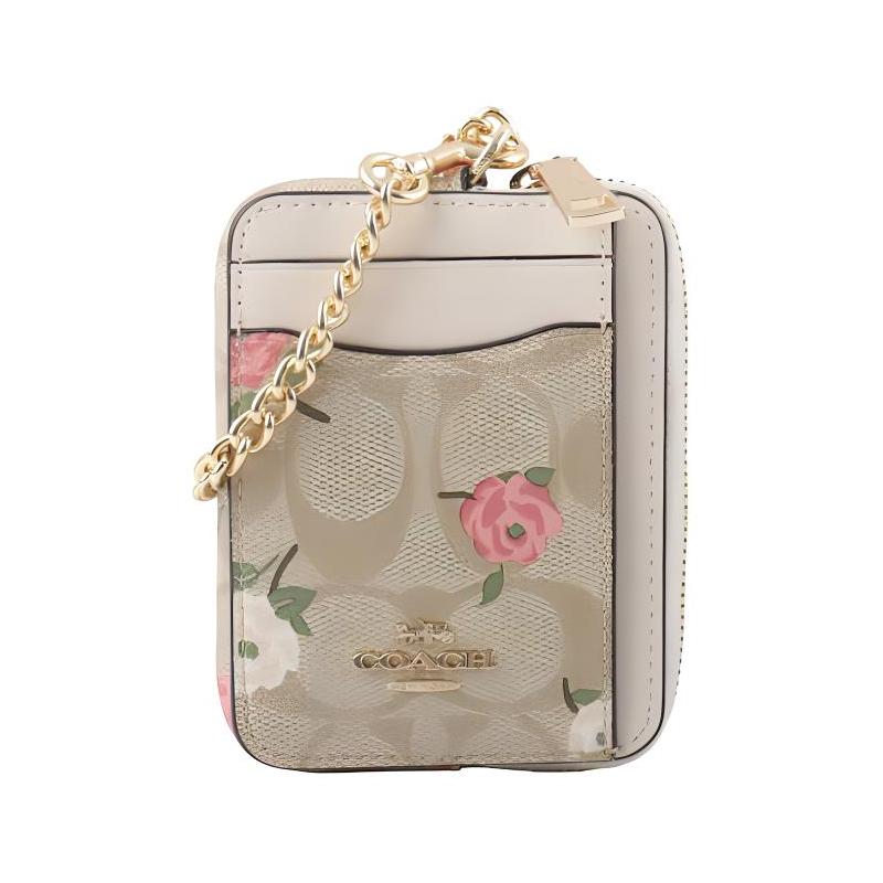 

COACH Card Case 11 Floral Print Signature Coated Canvas and Smooth Leather Zip Card Holder Regular Women s Gold and Light Khaki Chalk золотий