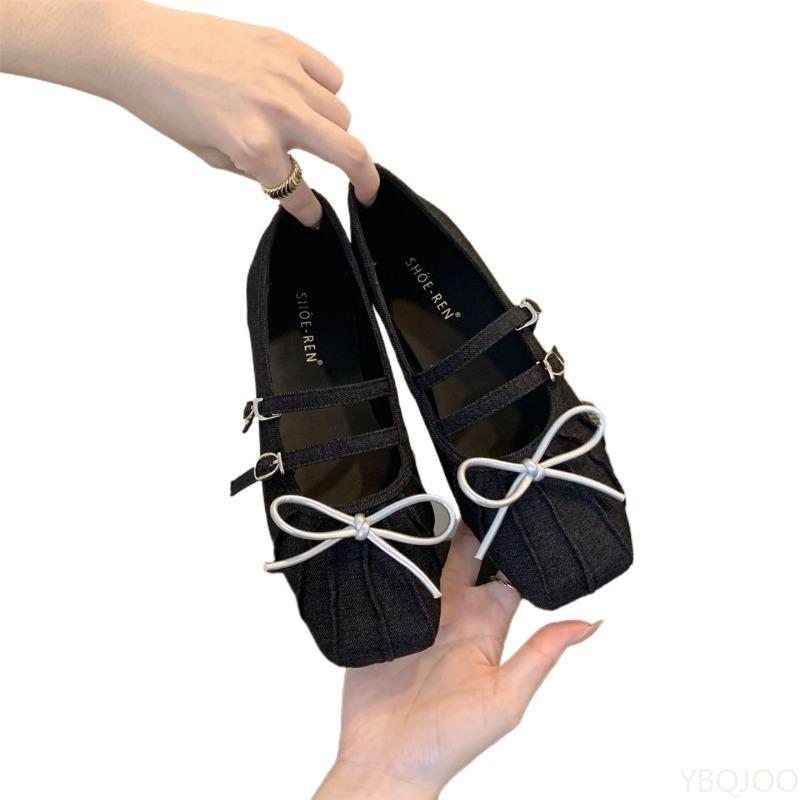 Fashion Spring Ladies Elegant Lightweight  Breathable Soft-soled Shoes Solid Color Square Toe Women Flats Fashion Butterfly-knot Shoes