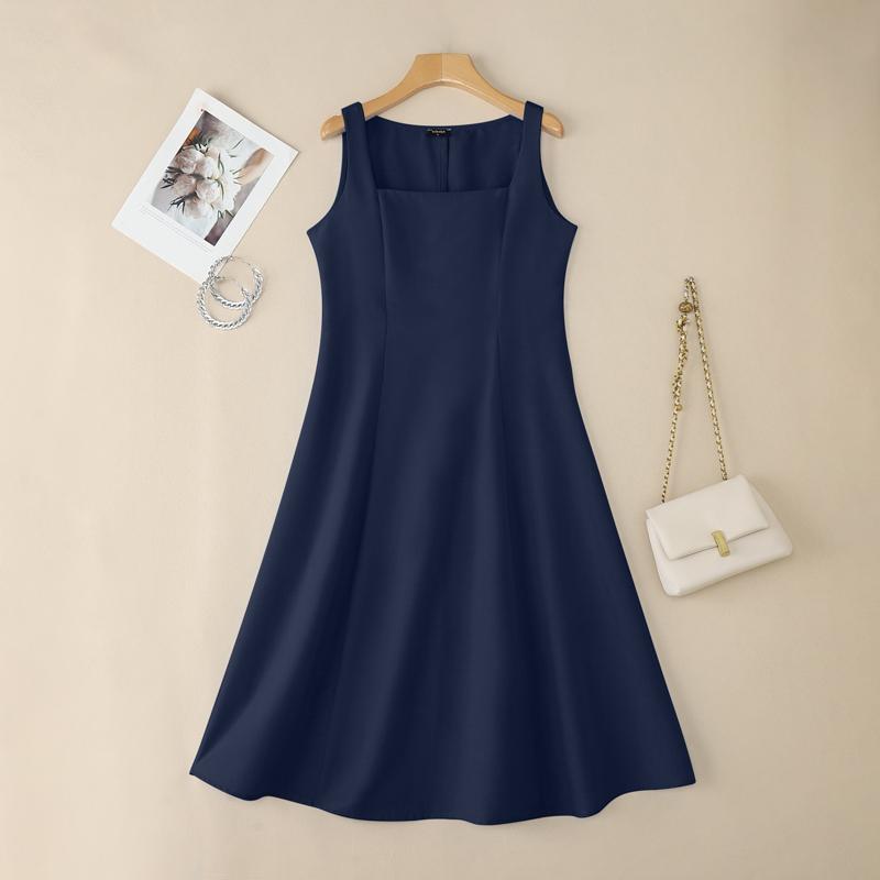 VONDA Women Elegant Sleeveless Casual Slim Waist Long Pleated Tank Dress