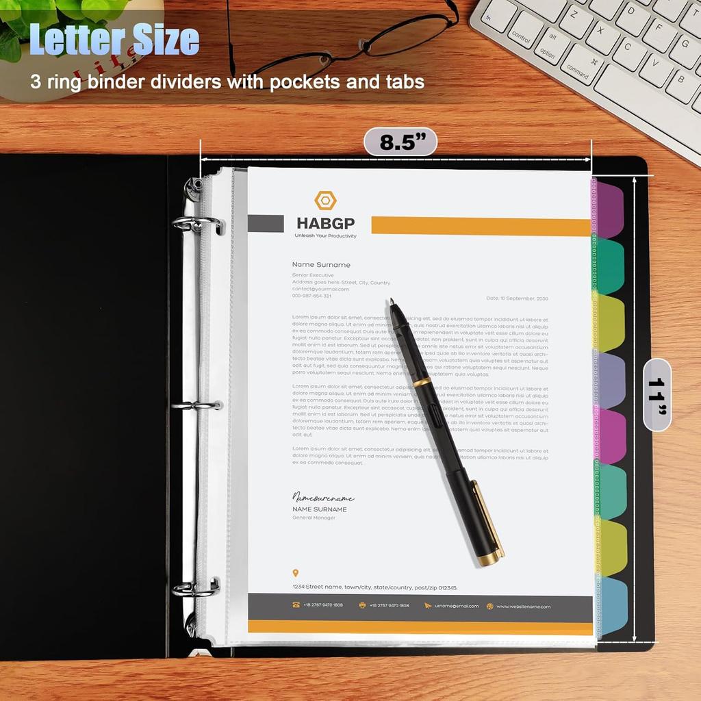 HABGP16PCS/2 Set 3 Ring Clear Binder Dividers with Tabs, 8.5 x 11 8 Tabs Binder Dividers with Pockets, Clear Page Protectors Index Dividers for 3