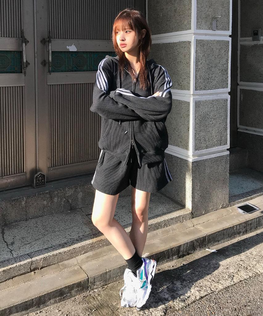 Chicks Knitting-Like Track Zip-Up Hoodie Charcoal