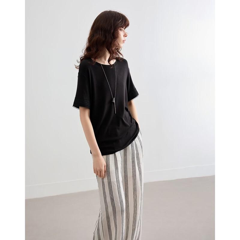 Women's Elegant Wool Blend Short-Sleeve Tee with Lace Trim