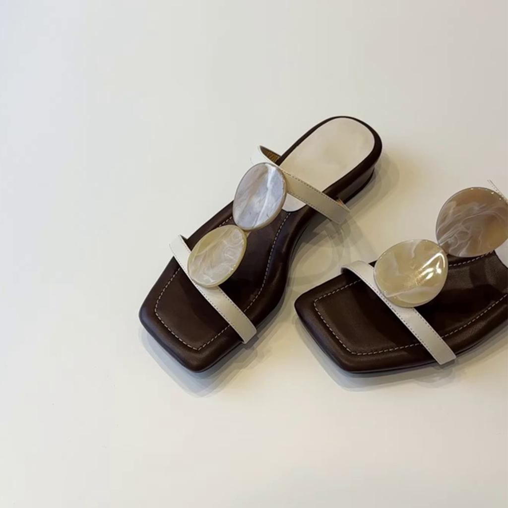 Blue Cabinet Version~ Niche French One-word Cool Slippers Women's Open-toed Square Head Temperament Roman Shoes Flat Beach Shoes