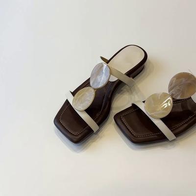 Blauwe kastversie~ niche Franse eenwoord coole slippers dames open teen vierkante kop temperament Romeinse schoenen platte strandschoenen
