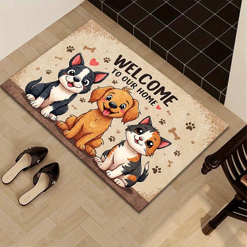 1pc Non-Slip Machine Washable Welcome Mat | Cute Cartoon Dog and Cat Design with Paw Prints and Hearts, Durable Polyester Indoor/Outdoor Entrance Mat