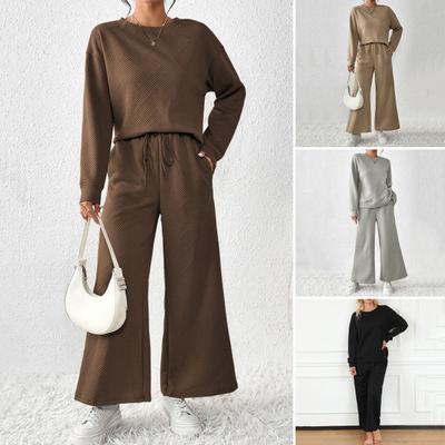 2 Adet/Set Kadın Üst Pantolon Takım O Yaka Uzun Kollu Düz Renk Spor Eşofman İpli Elastik Bel Geniş Paça