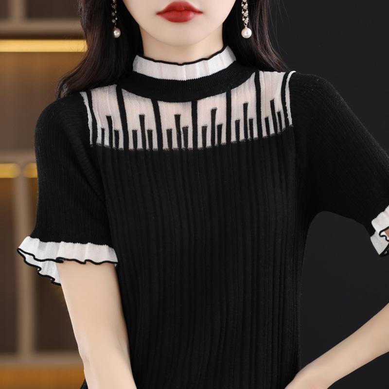 

Футболка с кружевным воротником средней высоты и полым краем «ушки эльфа» с полурукавами, весенне-осенний топ, базовая футболка, кружевной воротник, чтобы вы выглядели стройнее, жилет XXL чёрный