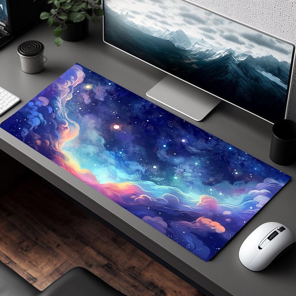 Pastel Anime Space Desk Mat Nebula View Cute Aesthetic Stars and Galaxies Large Deep Dark Blue Cosmos Mouse Pad 800x300x2mm