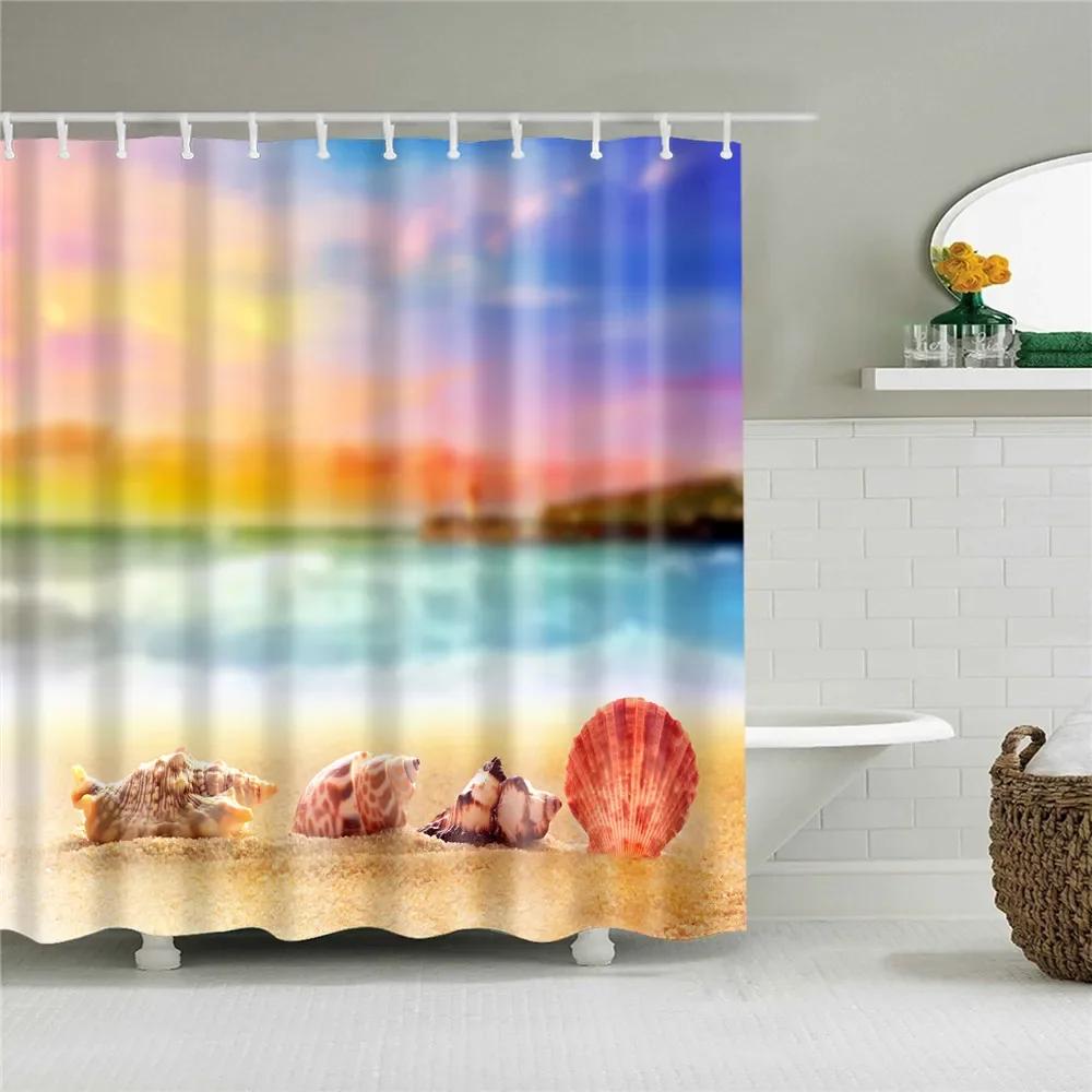 Waterproof Conch Starfish Blue Sea Beach Printing Bathroom Shower Curtains English Letter Bath Screen Door Curtain With Hooks
