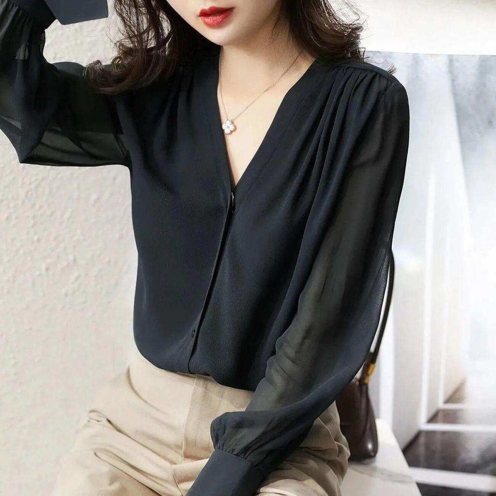 Camicia a maniche lunghe da donna primavera e autunno design francese con scollo a V top temperamento camicia in chiffon ampia