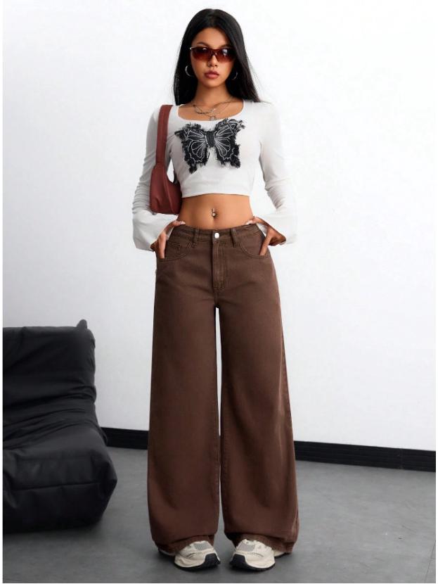 2026 Spring/Summer Women s Solid Color Button-Front Pocket Casual Jeans XL ржавчина коричневого