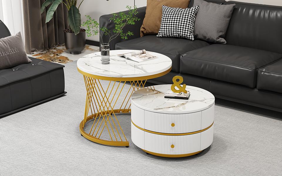Elegant 2-Piece White Coffee Table Set, Nesting Shape, 60*60*46cm & 50*50*30.8cm, Marble Look, 2 Drawers, Load Capacity up to 30kg