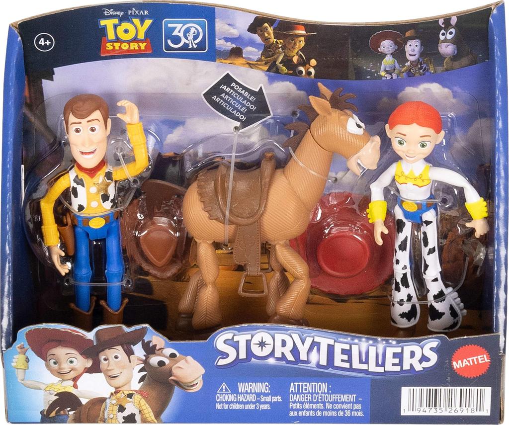 Mattel Disney Pixar Storytellers Toy Story Jessie fully articulated action main characters 3-Pack Woody, & Bullseye, 4-inch figures, collectibles.
