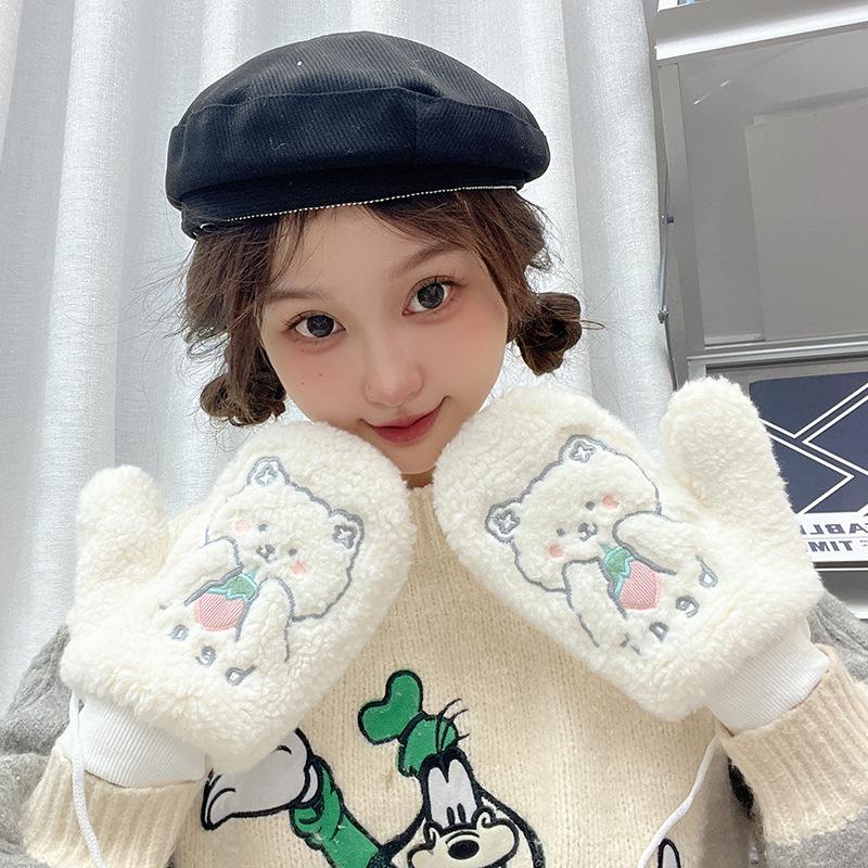 Plush gloves, winter women's thickened warm windproof bag with fingers, students hanging necks, hot-selling wind strawberries
