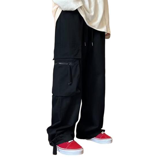 

Men Cargo Pants Solid Color Drawstring Multi Pockets Loose Streetwear Autumn Winter Hip Hop Baggy Cargo Trousers for Daily Wear L чёрный