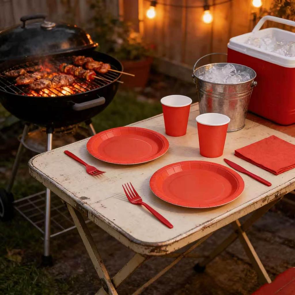 Red Birthday Party Disposable Tableware Set: Plates, Knives, Forks, Spoons, Tablecloth.