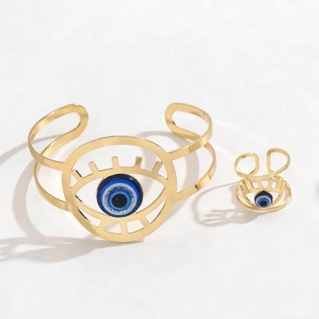 Devil Eye Hollow Ring Bracelet Set - Adjustable & Unique Design for Women