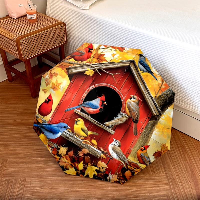 1 PC Automatic Folding Umbrella - Autumn Birdhouse Birds Pattern, Portable & Foldable Design with 8 Ribs, Christmas Birthday Gifts