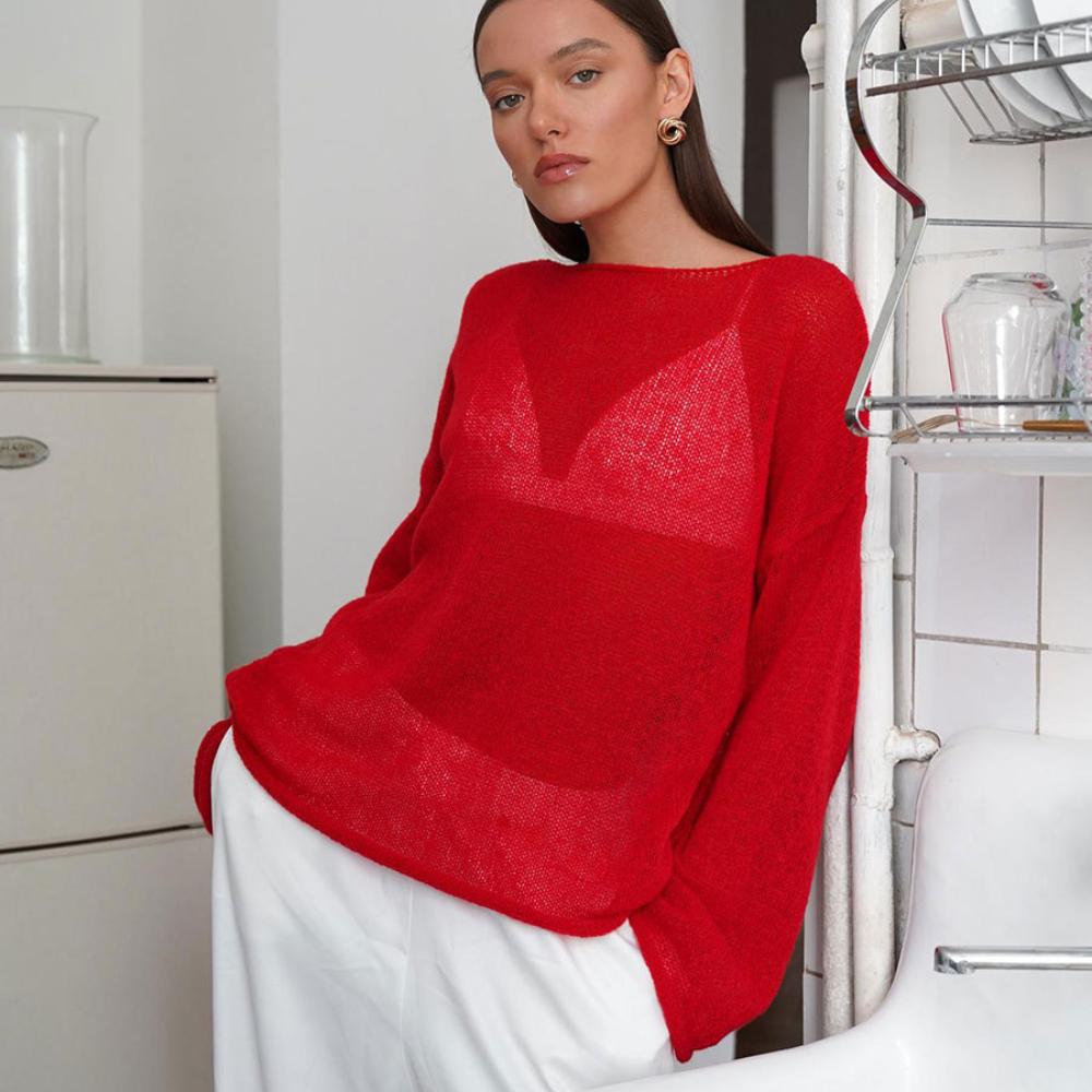 

Ажурная трикотажная рубашка весна/лето женская перспектива тонкая большая круглая горловина рукав труба трикотажная футболка L красный