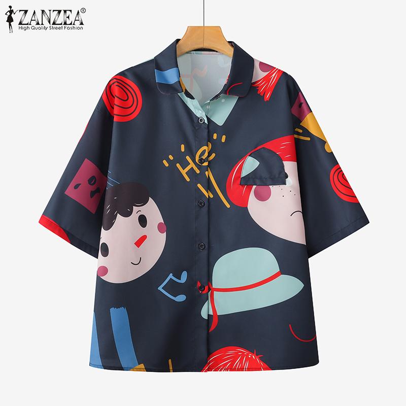 ZANZEA Women Summer Cartoon Print Short Sleeve Shirts