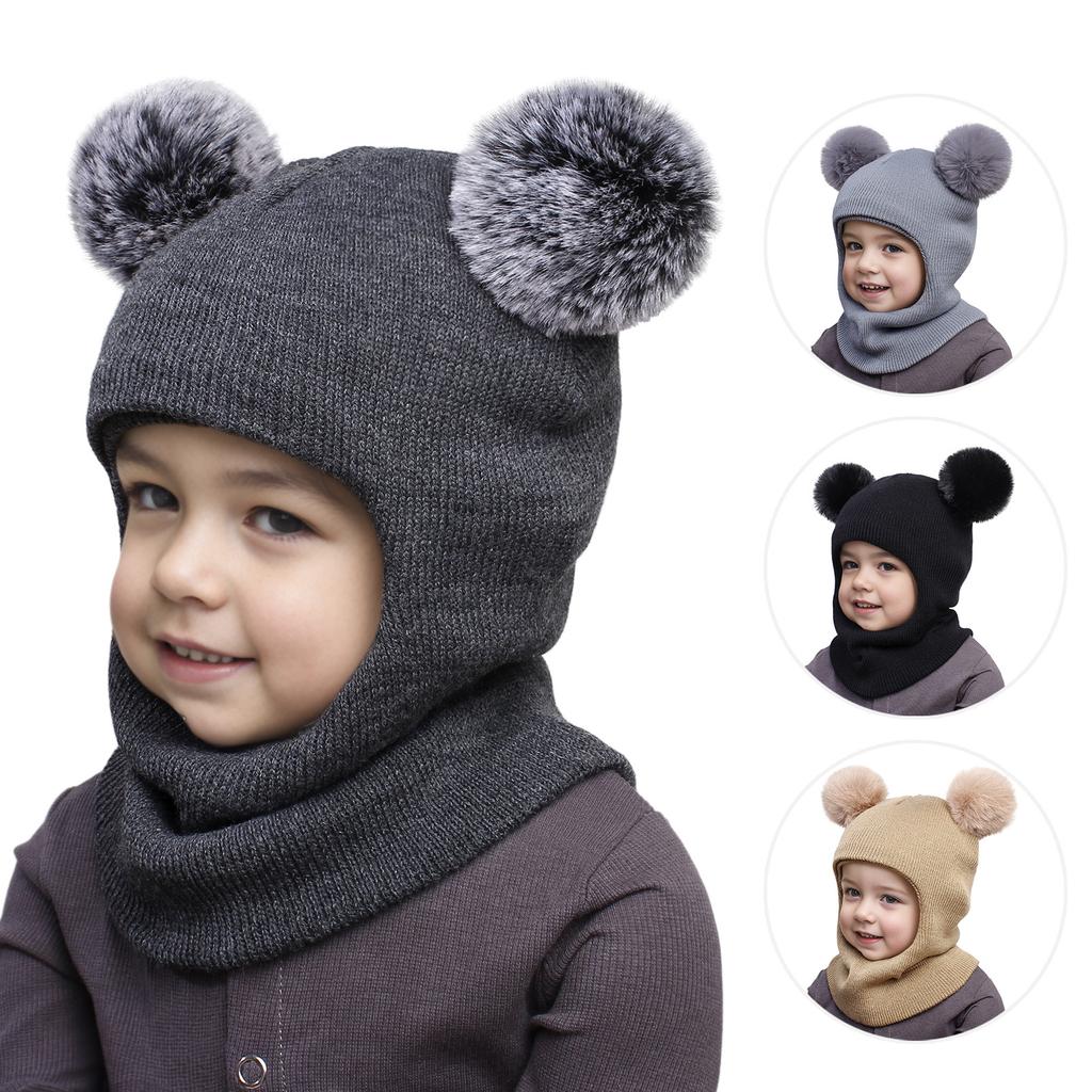 Children's Double Ball Ear Protectors Fall and Winter Boys and Girls Cute Wool Knit Pullover One Hat
