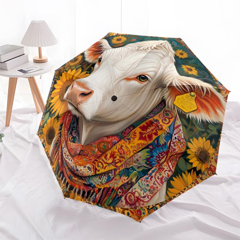 1 PC Automatic Folding Umbrella - Cow with Sunflowers Pattern, Portable & Foldable Design with 8 Ribs, Christmas Birthday Gifts