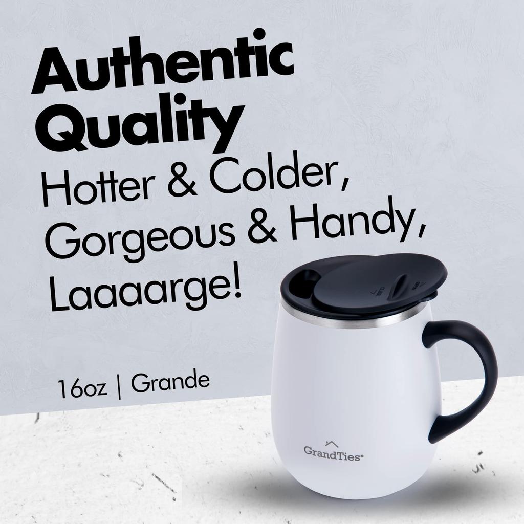 GRANDTIES Premium Vacuum Insulated Mug, 460ml, 19 Colors Available. Features an easy-open/close sliding lid, double-walled stainless steel constructio