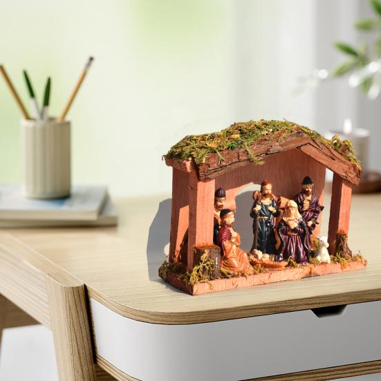 Christmas Nativity Figurine Set Jesus Manger Scene Holy Family Resin Statue Religious Christmas Stable Figures Set for Indoor Tabletop Decor
