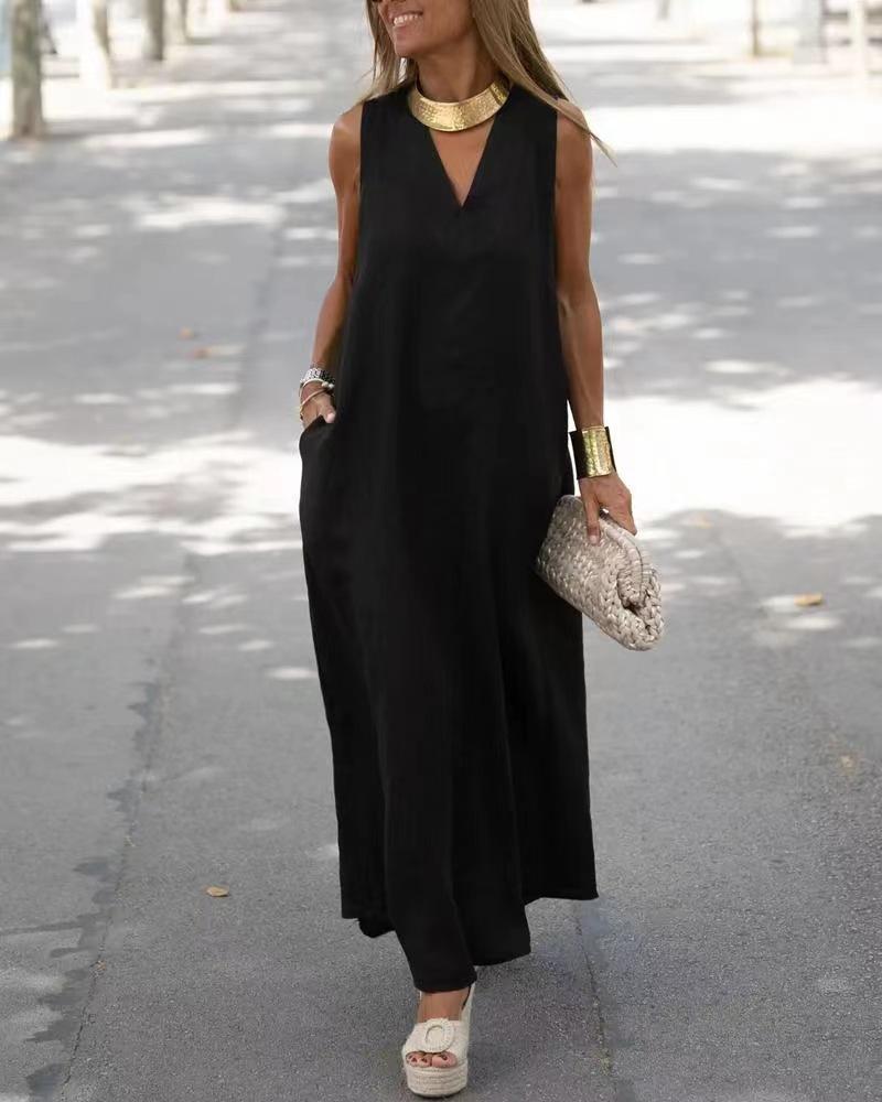 

Жіноча біла максі-сукня без рукавів з V-подібним вирізом та бічним розрізом, повсякденна бохо довга сукня XXL чорний