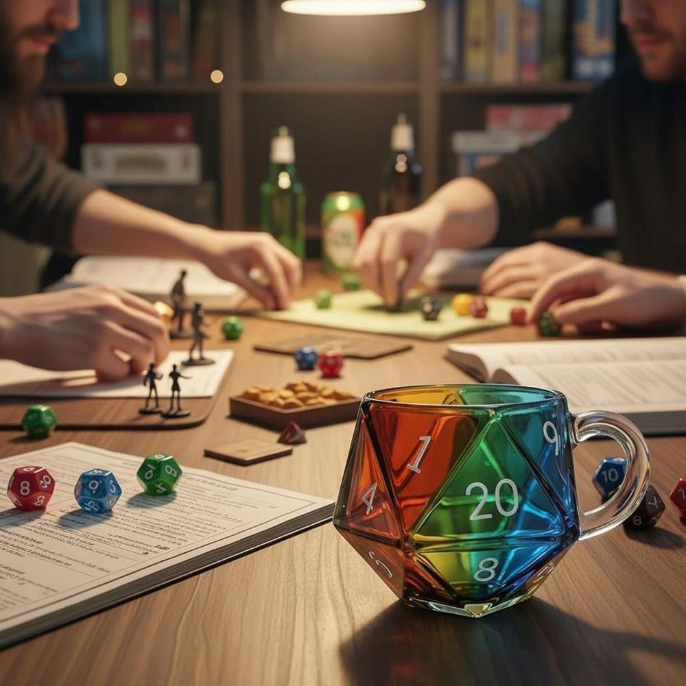 Transparent Glass Rainbow D20 Dice Mug with Handle Fantasy Themed Polyhedral Dice Coffee Cup Game Mug for RPG Lovers