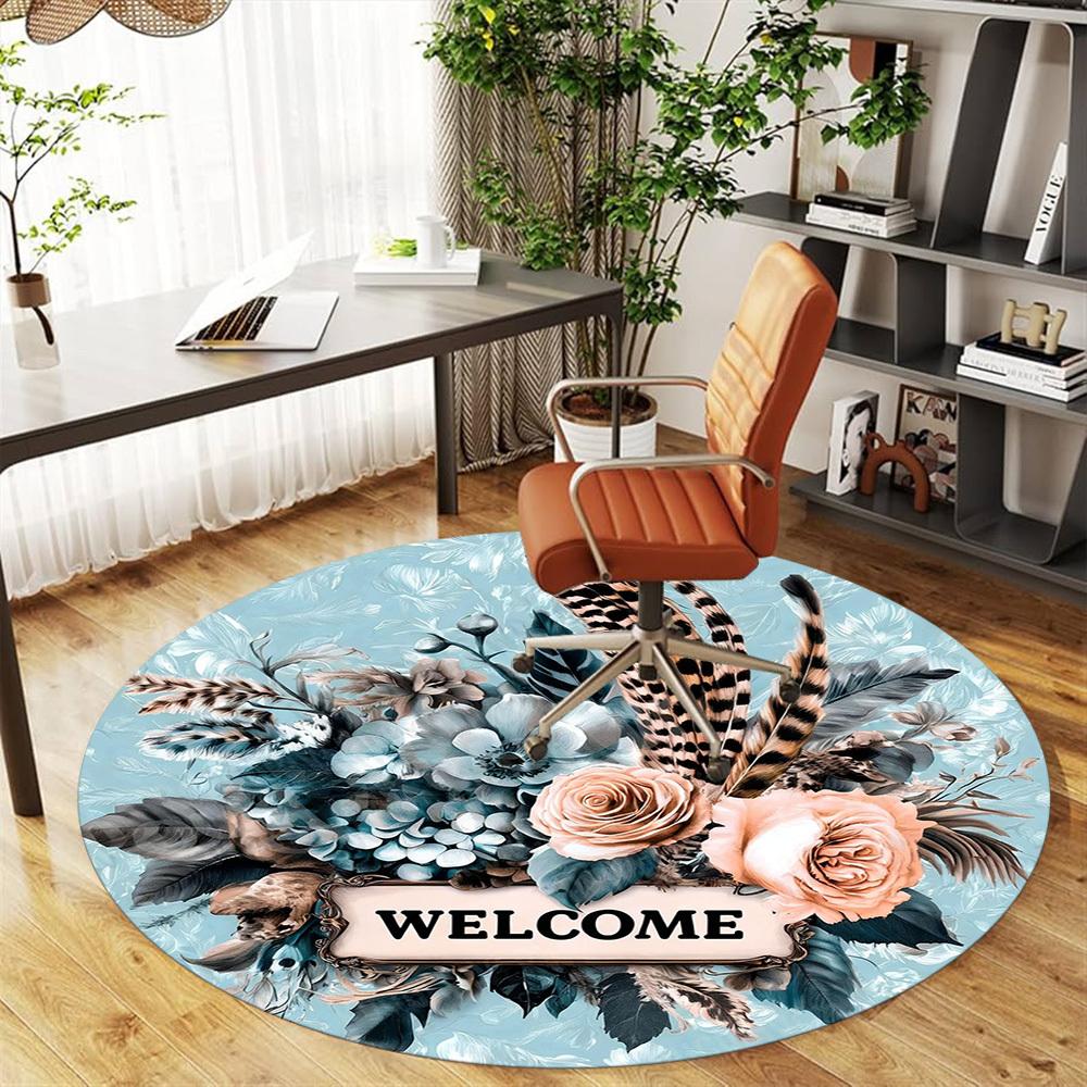 1PC Floral Welcome Office Round Area Rug, Under Office Chairs Bedroom Living Room Home Decor, Carpet for Office -1110107