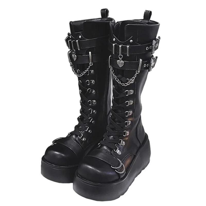 Platform Boots Riveted Buckle Wedges High Women'S Boots Punk Spice Chic Biker Rider Boots