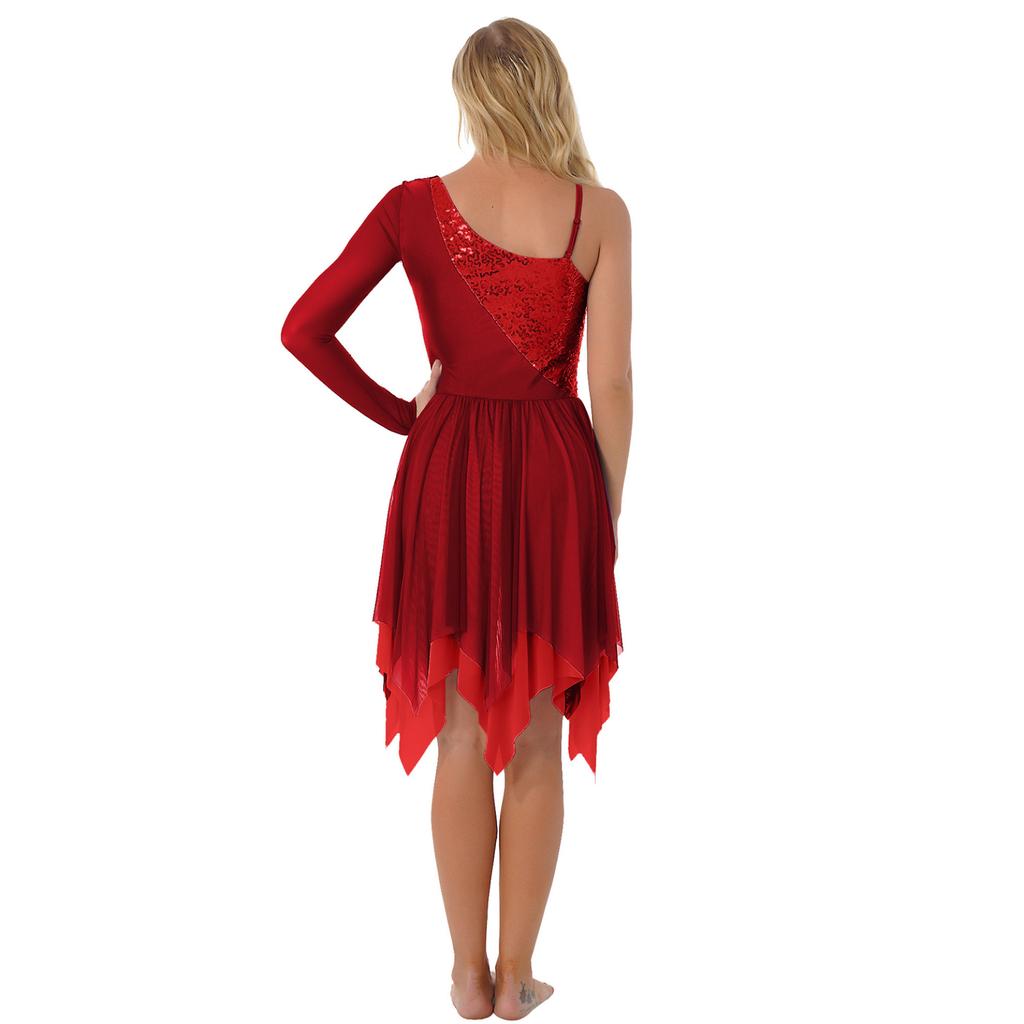 Vestido de dança de bainha assimétrica de manga comprida de malha transparente de um ombro para mulheres e meninas
