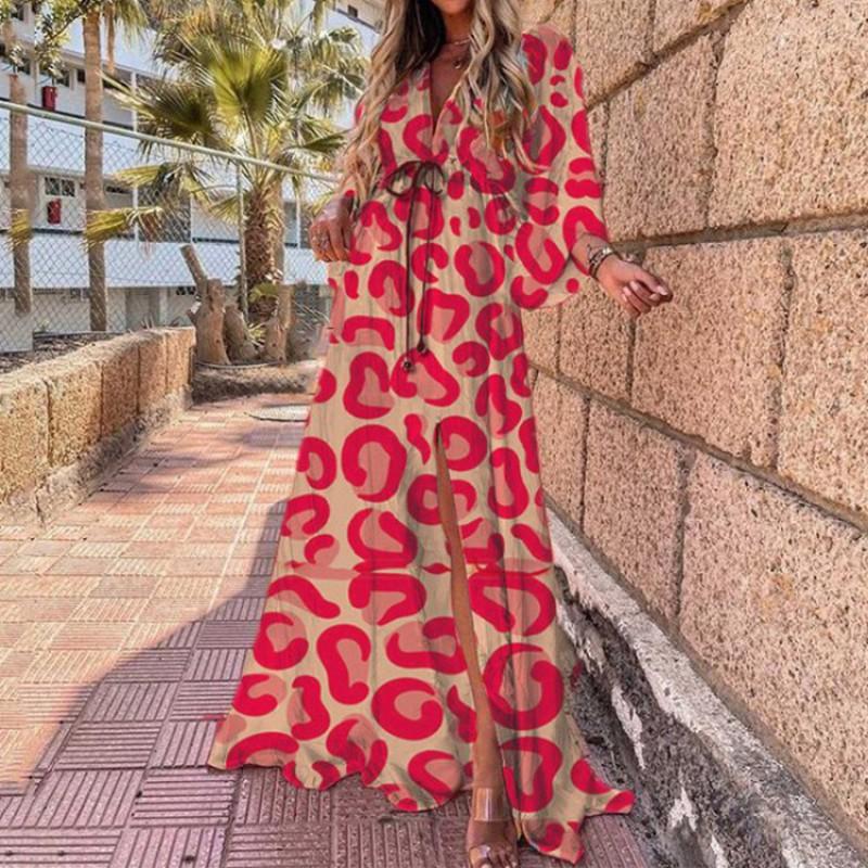 2026 Bohemian Loose V-Neck Split Hem Printed Maxi Dress Women Plus Size Flowy Long Sleeve Casual